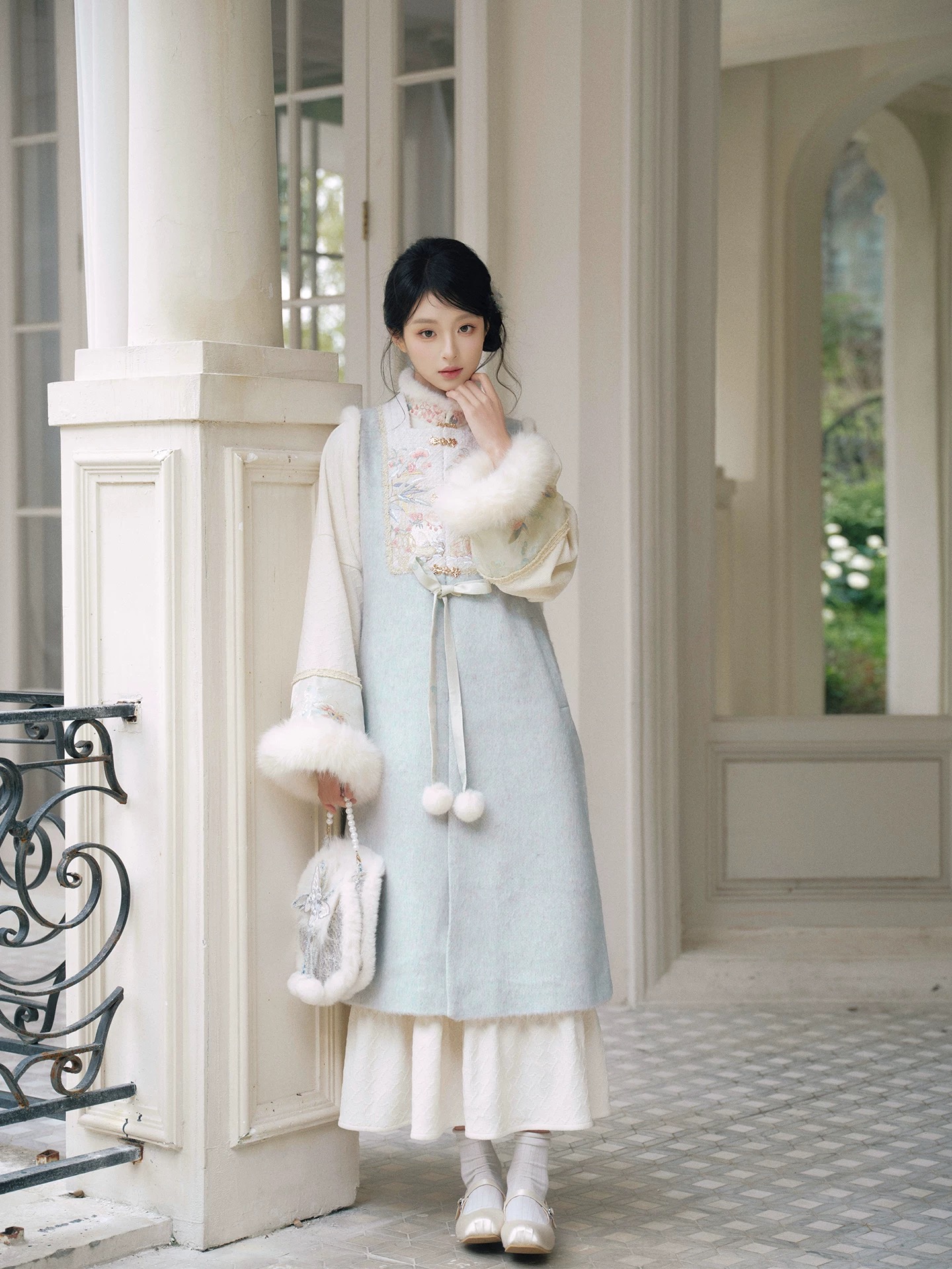 七月夕原创汉服秋冬款尺玉拂梦立领短衫明制长比甲马面裙国风套装