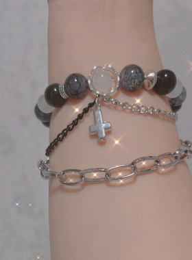 我在惊悚游戏里封神白柳衍生印象逆十字架原创琉璃黑白色调手链串