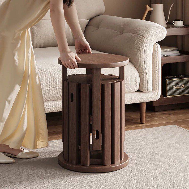 圆凳滑轮家用实木备用可摞矮凳组合叠餐桌凳子椅子叠叠板凳乐万向