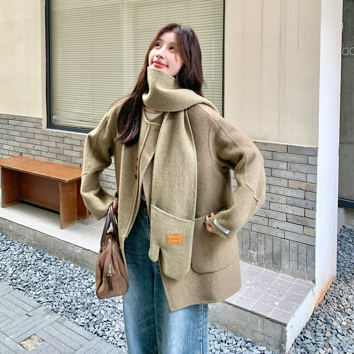 韩式驼色双面呢羊毛大衣女冬季2025新款韩系减龄时髦百搭毛呢外套,女装毛呢外套,2D120