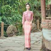 孟定款 蕾丝条纹筒裙套装 传统傣族服装 复古通肩袖 经典 沙芭利