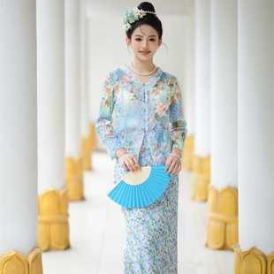 沙芭利 小娘惹月娘同款 蓝色碎花民族风旅拍服装 东南亚风格