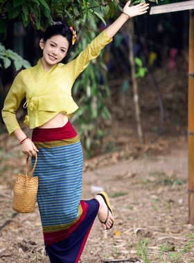 沙芭利2025天丝麻黄色传统短款上衣多彩棉质筒裙夏日傣家风情套装