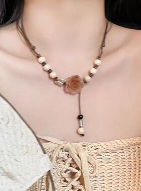 陶瓷蝴蝶玫瑰花编织项链女新款复古新中式配饰可抽拉长款毕业礼物