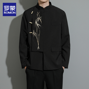 罗蒙新中式国风立领西服外套男士中山装金竹刺绣不规则订婚宴礼服