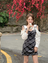设计感小众假两件格纹露肩收腰辣妹包臀短裙长袖连衣裙