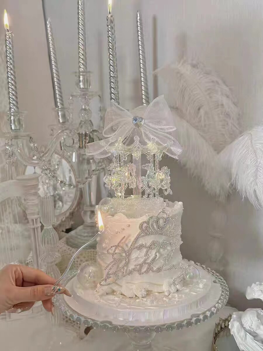 抱抱酱同款透明幻彩带钻蝴蝶结木马仙女生日蛋糕装饰女神派对装扮