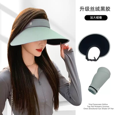 3.0帽檐遮阳帽雾面丝绒黑胶防晒空顶帽子女春夏季