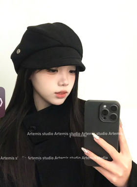 -3 POINT%--3 POINT%-日系简约黑色贝雷帽女款八角帽百搭
