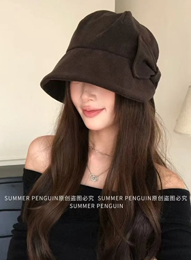 SUMMER PENGU复古蝴蝶结渔夫帽女秋冬显脸小百搭保暖休闲盆帽