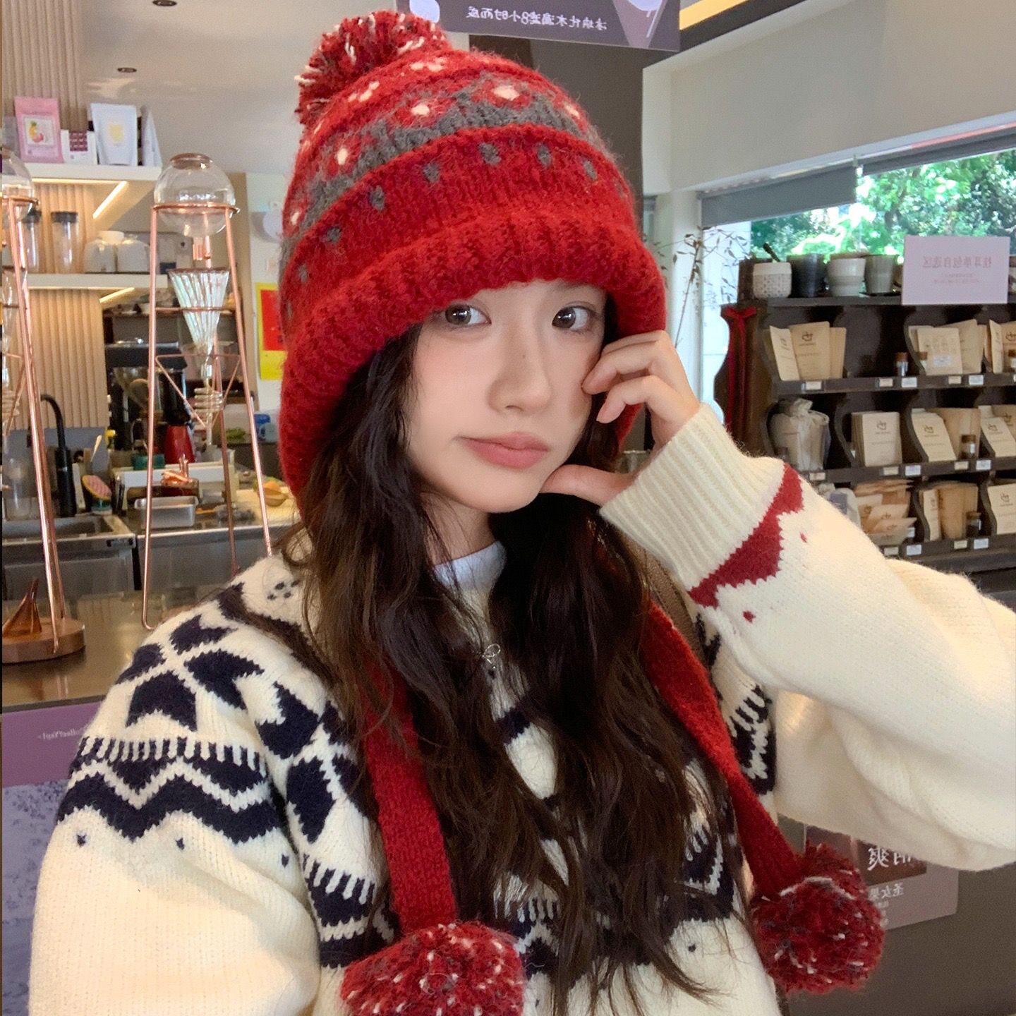 费尔岛风提花护耳帽子冬季女韩系户外保暖针织毛线帽显脸小雷锋帽