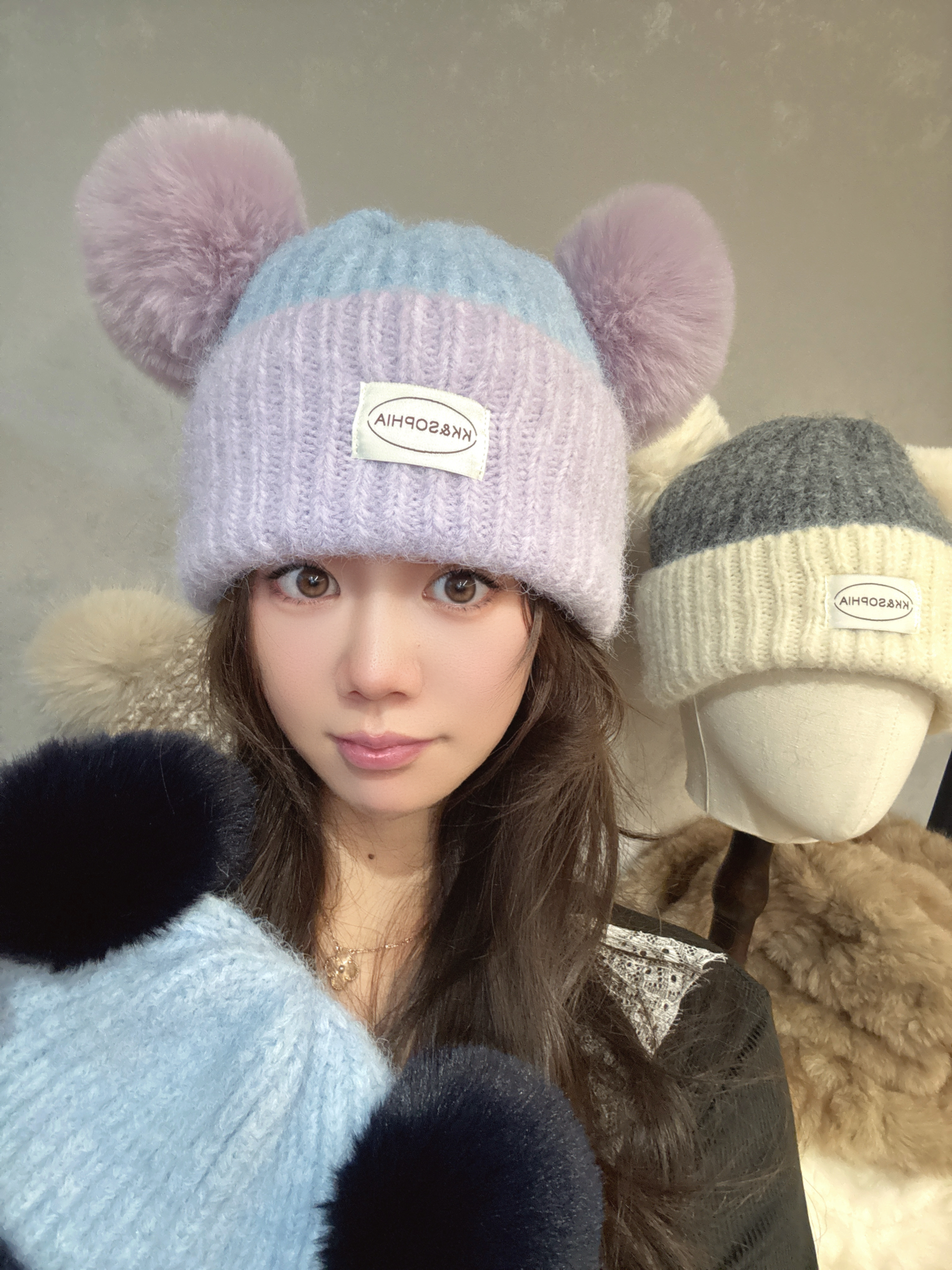 冰岛系列百搭毛球纯色毛绒针织帽子女秋冬季保暖毛线帽