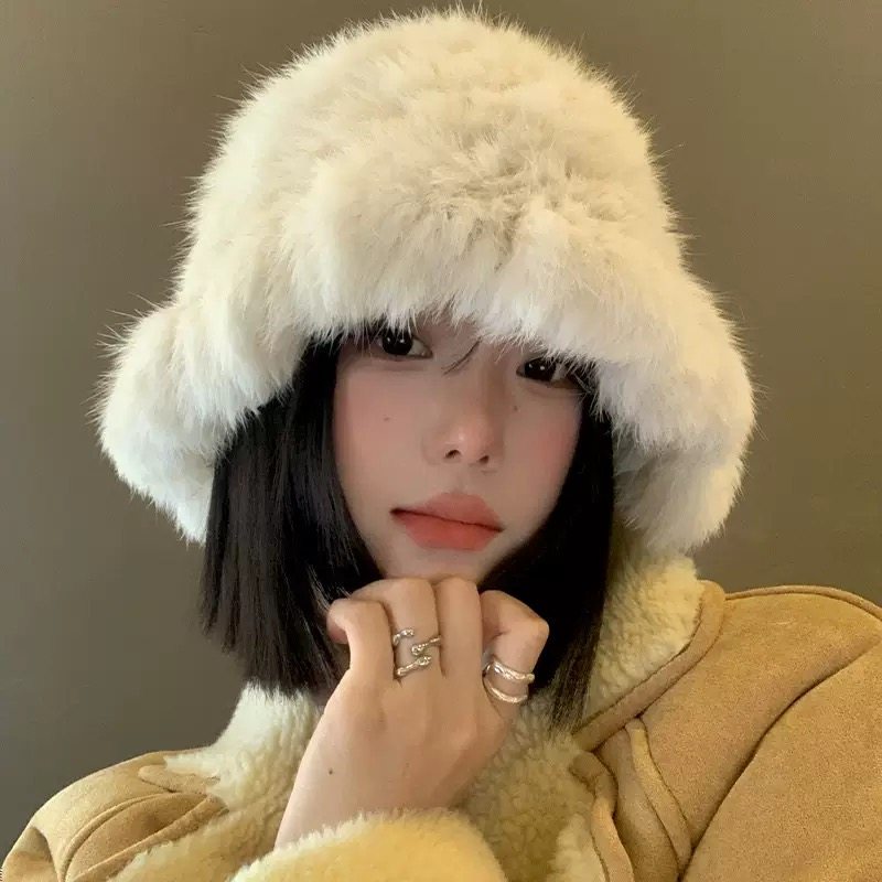 兔毛帽子女秋冬季韩版显脸小毛茸茸加厚保暖毛绒帽大头围渔夫帽潮