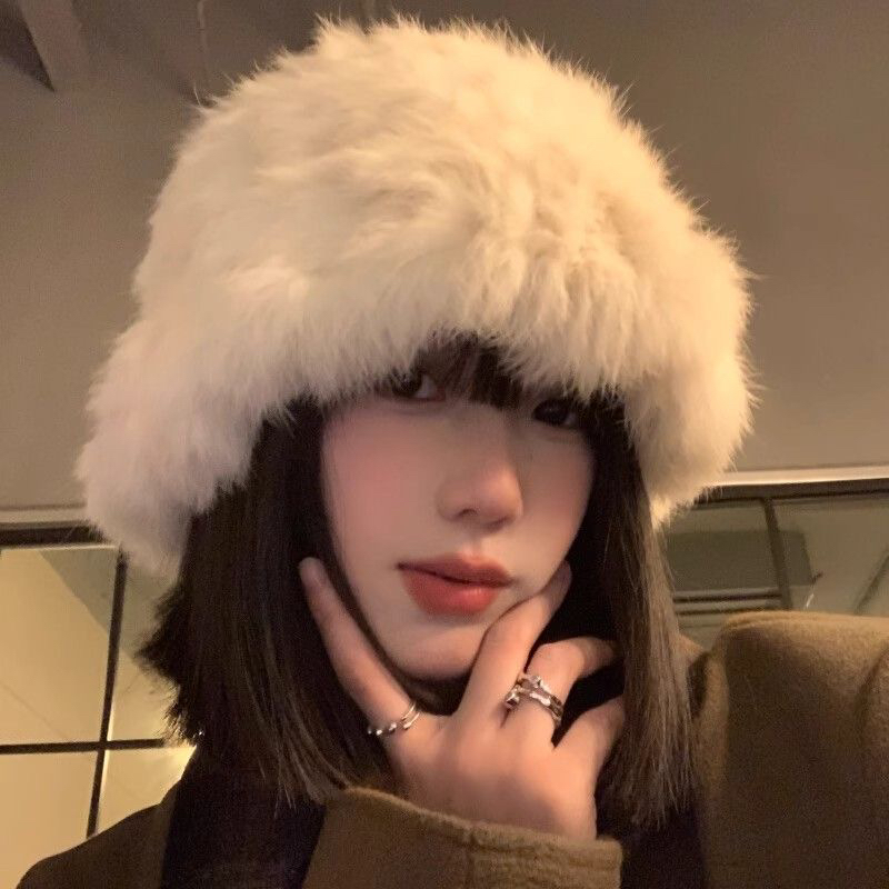 兔毛帽子女秋冬季韩版显脸小毛茸茸加厚保暖毛绒帽大头围渔夫帽潮