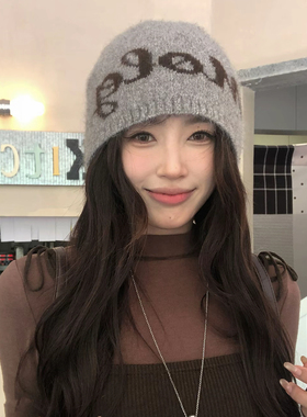 原创设计美式字母堆堆帽女秋冬大头围显脸小百搭保暖包头冷帽
