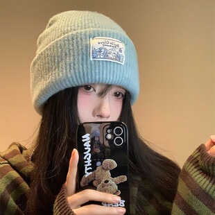 含羊毛针织毛线帽子女冬季韩系保暖百搭大头围显脸小护耳冷帽