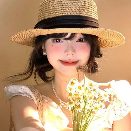 草帽法式复古浅咖啡草编帽女夏季防晒度假草帽英伦礼帽遮阳帽