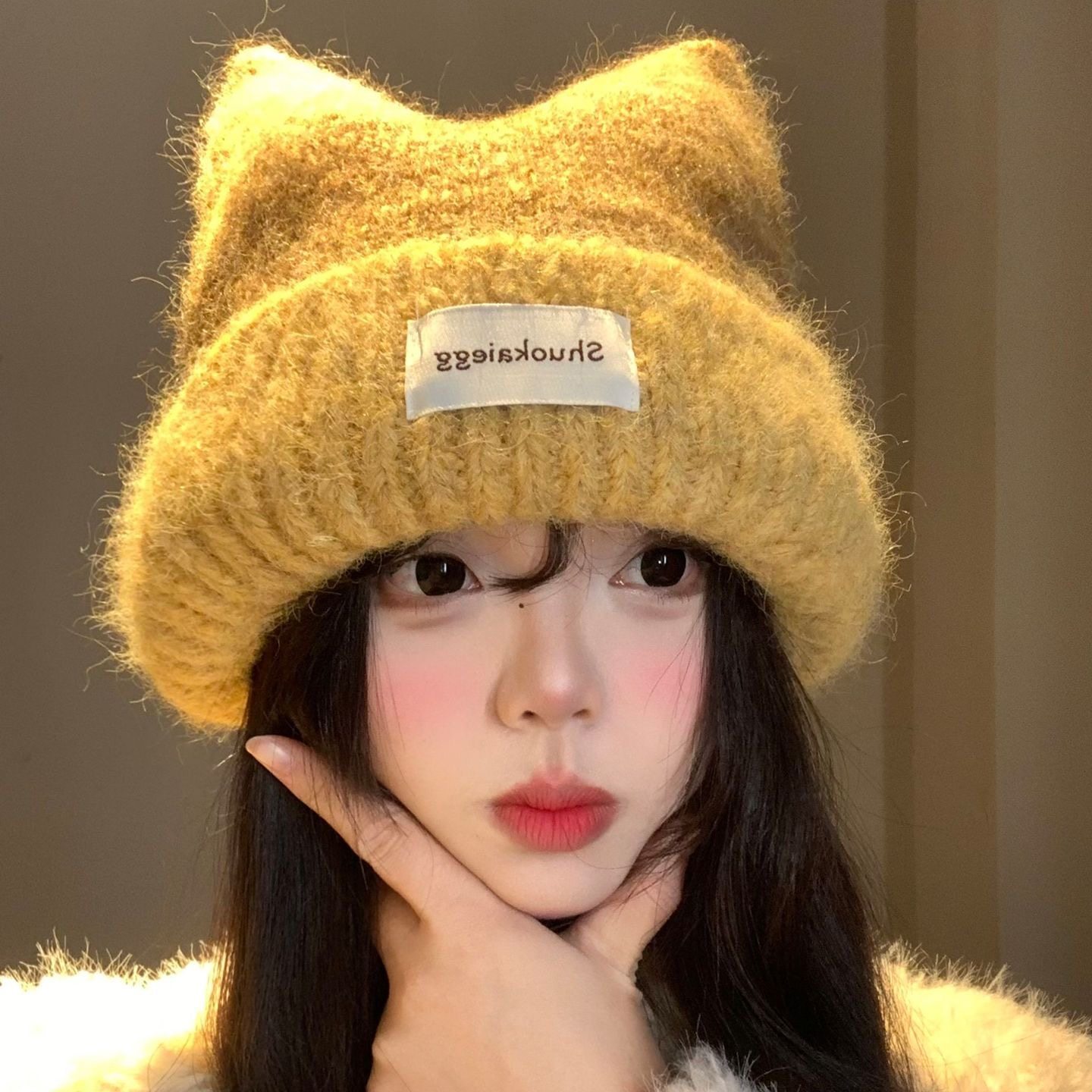 猫耳朵针织帽女冬季可爱甜美显脸小毛线帽大头围保暖护耳帽子