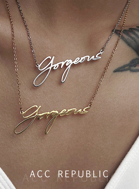 accrepublic 自制手写英文字母gorgeous简约欧美钛钢轻奢锁骨项链