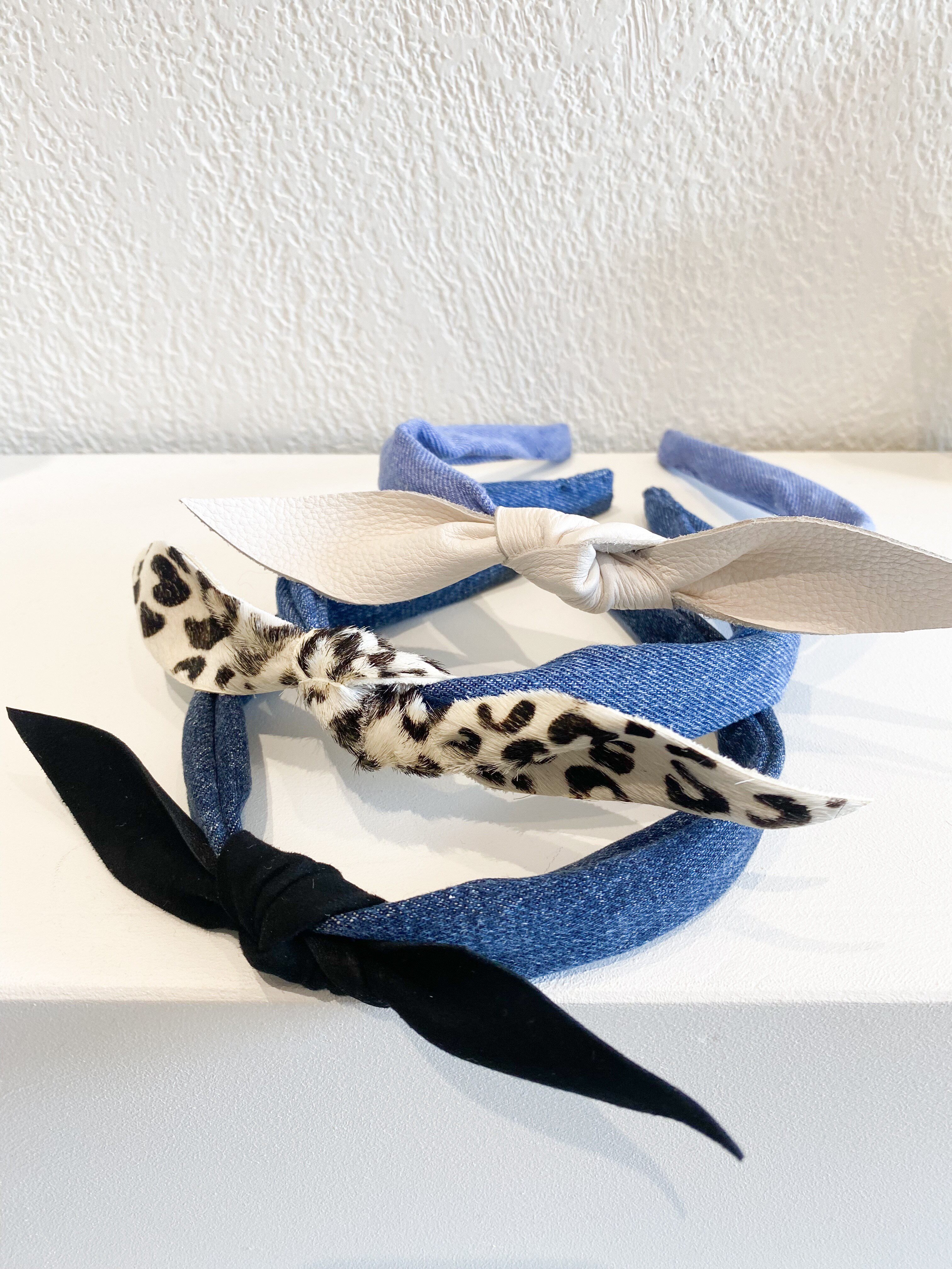 韩国小众设计师款真皮小羊皮黑色蝴蝶结配牛仔发箍头箍气质单品