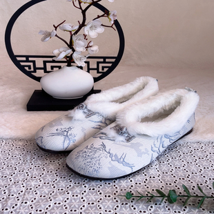 平跟舒适保暖毛口新款过冬布鞋正品古风旗袍圆头软底汉服妈妈鞋子