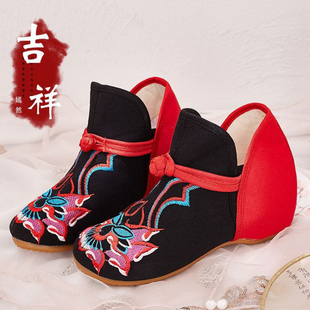 圆头日常休闲棉鞋 搭扣拼色舞蹈鞋 牛筋软底妈妈布鞋 吉祥包脚绣花鞋