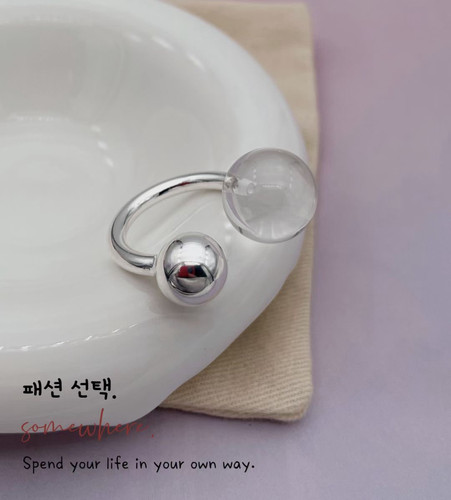 韩国东大门S925通体纯银水晶银球戒指极简百搭开口戒指