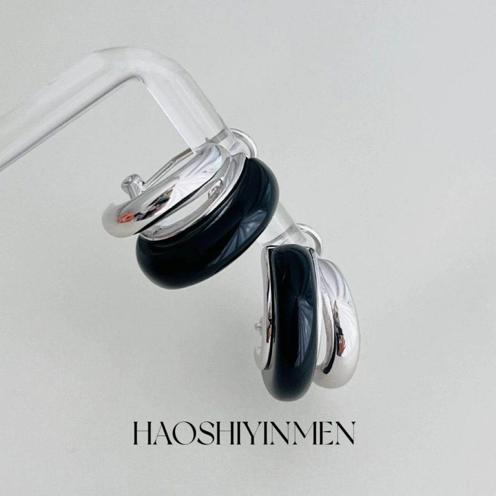 设计师高定款S925纯银镀铑金几何方形拼接黑玛瑙不规则耳扣