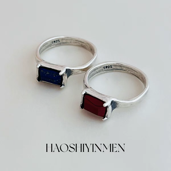 韩国东大门S925纯银复古做旧感简约蓝色青金石/红色天然石头戒指