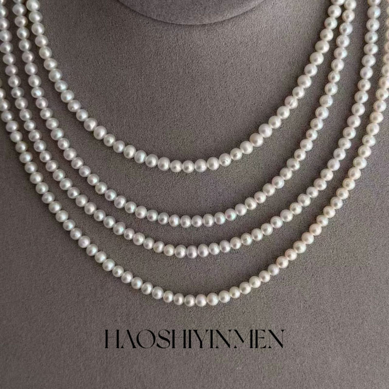 设计师款S925纯银天然淡水无核珍珠项链3-4mm时尚百搭高级毛衣链