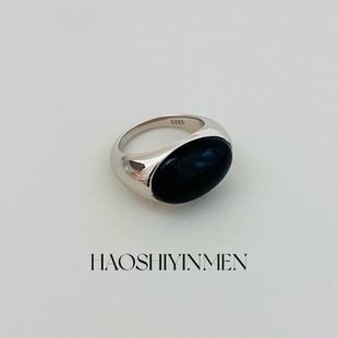 设计师款S925纯银镀铑金椭圆黑玛瑙戒指小众设计感高级轻奢戒指