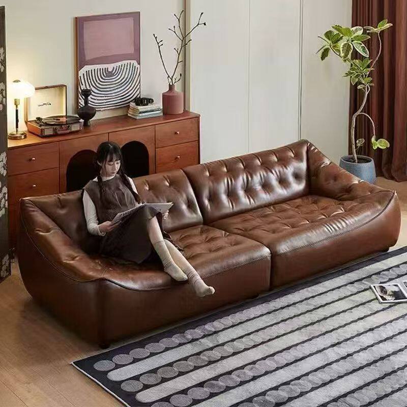 森华派豆袋沙发美式复古油蜡真皮客厅中古风直排三人位宽坐深沙发