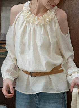 EGGKA温柔风木耳边露肩长袖雪纺衫春夏法式圆领杏色气质显瘦上衣