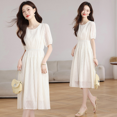 实拍 小个子雪纺连衣裙女夏季新款优雅圆领修身气质显瘦a字裙子女