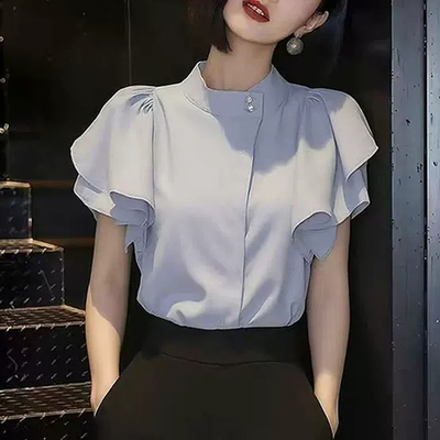 法式荷叶边短袖衬衫女2026春季新款蓝色立领修身显瘦百搭气质上衣