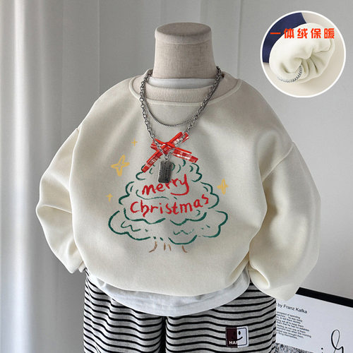 女童圣诞卫衣2025秋冬新款洋气男宝宝卡通绣花圣诞树纯棉红色上衣