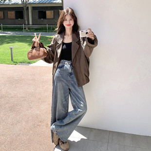 美拉德咖色皮衣外套女2026春季 领棕色夹克 休闲复古宽松廓形西装