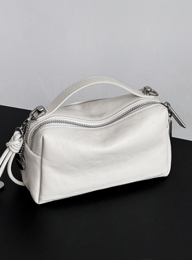 RANU日韩风头层牛皮白色小方包女单肩斜挎包简约百搭手拎包饭盒包