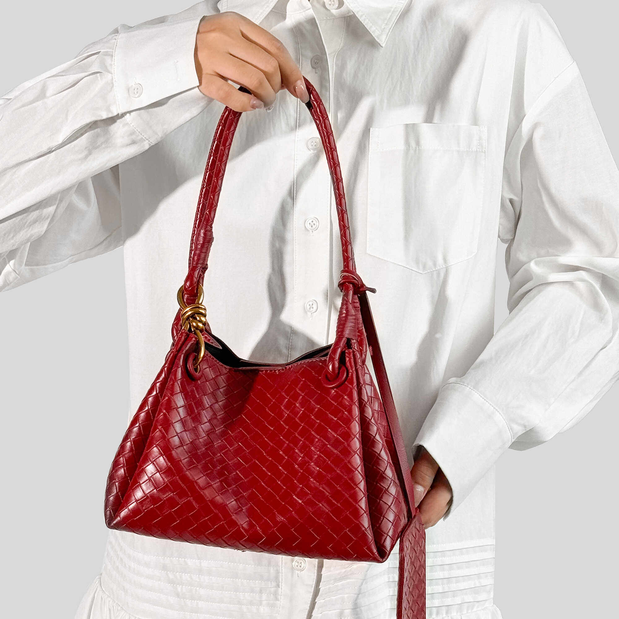 RANU小众设计编织菱格水桶包包真皮菜篮子包手提单肩包红色结婚包,箱包皮具/热销女包/男包,托特包,淘宝优惠券,粉丝福利购,淘宝优惠卷