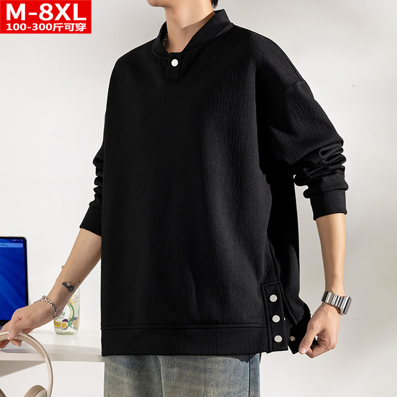春秋港风男装时尚提花棒球领套头卫衣胖大码加肥宽松运动休闲上衣