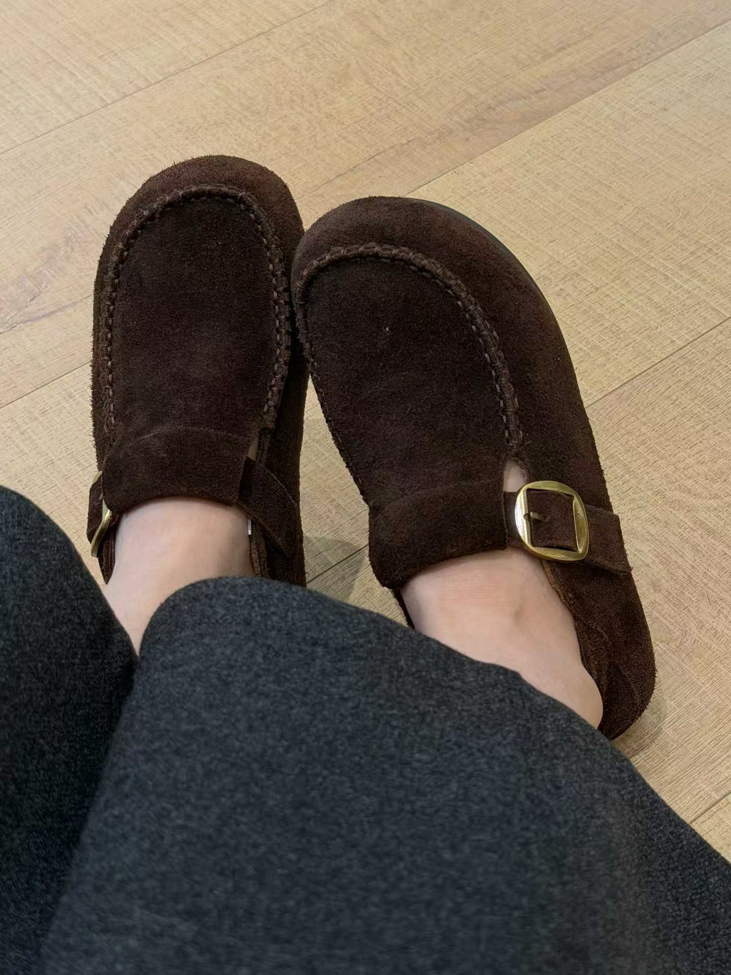 MFX889-102欧货牛皮女鞋2025冬真皮圆头平底单鞋韩系羊毛勃肯鞋