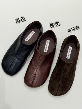 MFX9-299欧货牛皮女鞋2025秋真皮圆头平底单鞋韩系假分趾猪蹄鞋