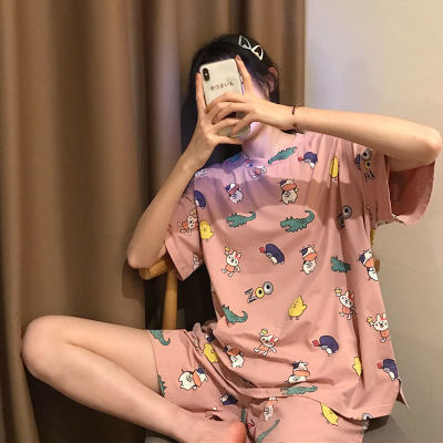睡衣女士纯棉夏季薄款两件套装初中女学生宽松短袖短裤子白色夏天