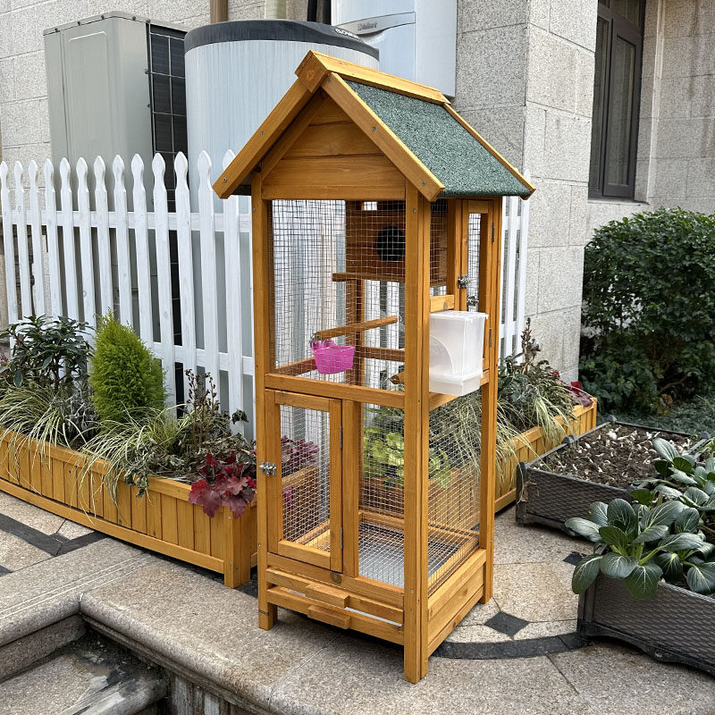 木制虎皮鹦鹉大号鸟笼 户外用碳化色木屋顶 适用中型画眉繁殖笼
