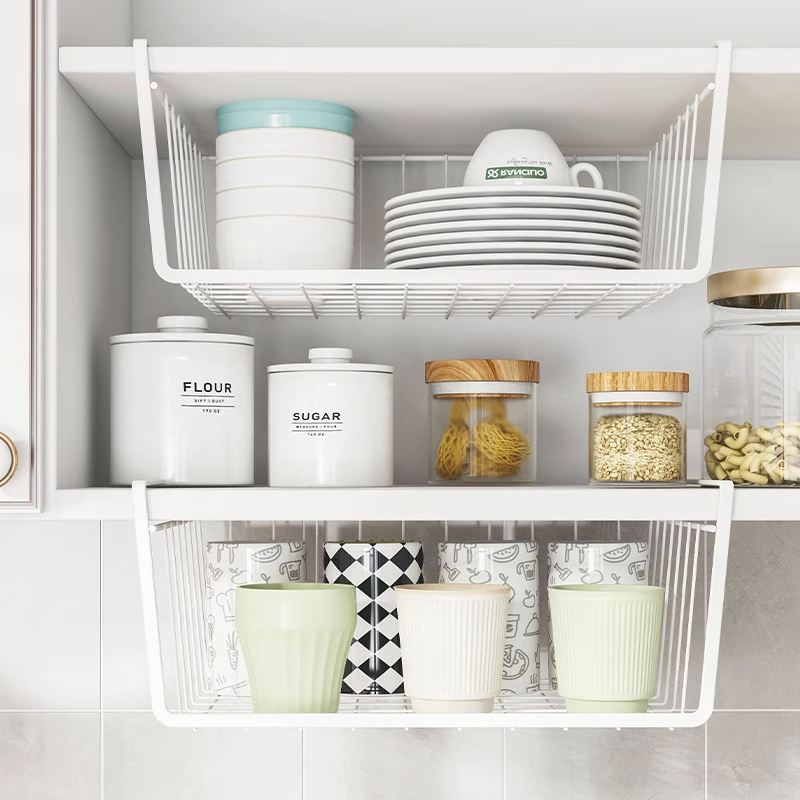 厨房橱柜下多功能免打孔碗盘收纳篮柜台整理挂架水杯马克杯置物架