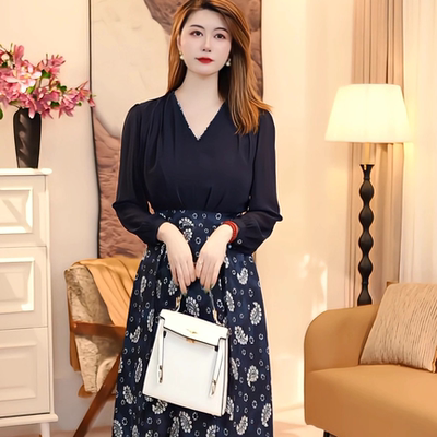 碎花长袖拼接X型裙假两件连衣裙时尚印花显瘦收腰 86038