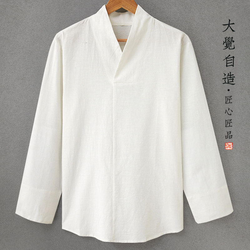 原创中国风汉服t恤宽松亚麻道服男装四季中式青年复古柔软上衣薄