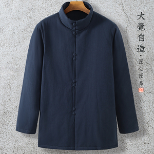 原创冬季加厚棉袄男中国风亚麻盘扣高领唐装棉衣宽松保暖禅服外套