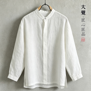 中国风春秋亚麻长袖衬衫男士立领休闲打底衫文艺薄款宽松纯色衬衣