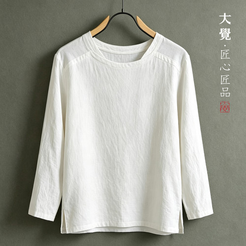 原创亚麻t恤男春秋圆领宽松打底衫中国风棉麻青年复古休闲上衣潮